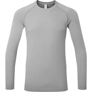 A long-sleeve baselayer top in light grey, featuring a smooth texture and a logo on the label.