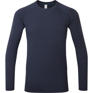 A navy long-sleeve base layer shirt with a fitted design and raglan sleeves. Features a logo on the neckline.