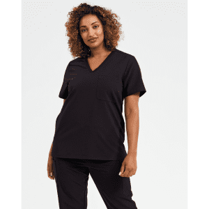 A black women's tunic featuring a v-neck and short sleeves, with a pocket on the front.