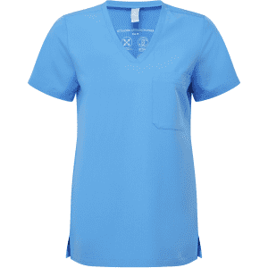 A blue women's tunic with a V-neckline and a chest pocket, featuring a logo.