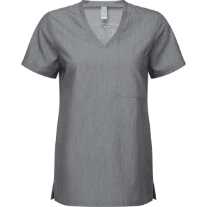 A grey women's tunic with a V-neckline and short sleeves, featuring a chest pocket and side slits.