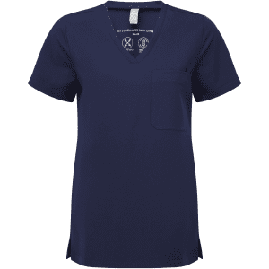 A navy women's tunic with a V-neck, short sleeves, and a chest pocket. It features a logo on the label.