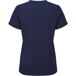 A navy blue women's tunic with a simple design and short sleeves, featuring a logo on the back.