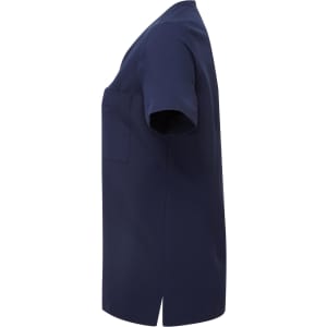 A women's navy tunic with short sleeves and a pocket, featuring a straight cut and side slits.