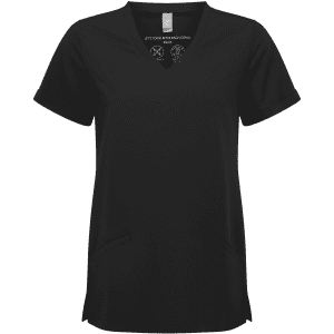 A black women's tunic with a V-neck and short sleeves, featuring two front pockets. It has a logo on the inside.