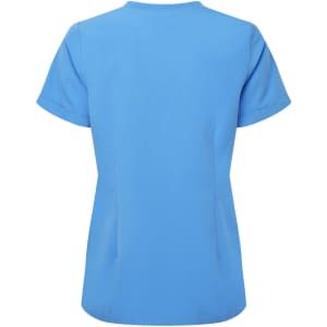 A blue women's tunic featuring short sleeves and a back view design. The garment has a logo.