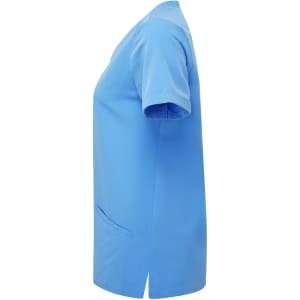 A blue women's tunic in a stretch fabric with short sleeves and a side pocket. It features a logo.
