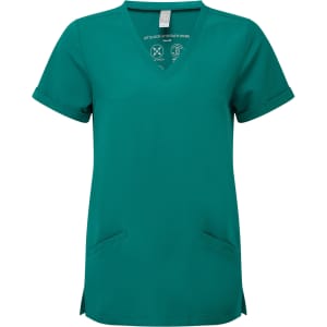 A women's tunic in teal with a V-neck, short sleeves, and two front pockets. The tunic has a logo on it.