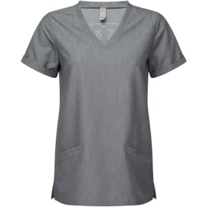 A grey women's tunic with a V-neck, short sleeves, and two front pockets. It features a branding logo.