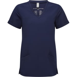 A navy blue women's tunic featuring a V-neck, short sleeves, and two side pockets. It has a logo on the label.