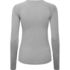 A long-sleeved, grey underscrub baselayer featuring a fitted design and a logo on the back.