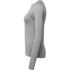 A grey long-sleeve underscrub baselayer for women displayed from the side, featuring a fitted design and a logo.