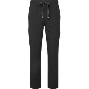 Black cargo pants featuring a drawstring waist and multiple pockets, with a logo present.