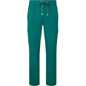 A pair of teal cargo pants with an elastic waistband and side pockets. Features a logo on the fabric.