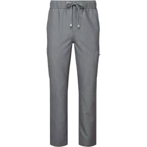 A pair of grey cargo pants with a drawstring waist and side pockets, featuring a logo.