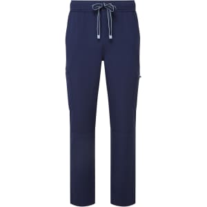 Navy cargo pants with a drawstring waist and side pockets, featuring a logo on one side.