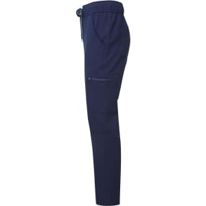 A pair of navy cargo pants featuring an elastic waistband and side pockets, with a sleek and modern design.