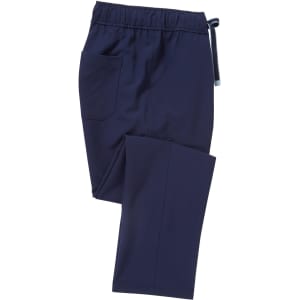 Navy cargo pants featuring an elastic waistband and side pocket, with a logo present.