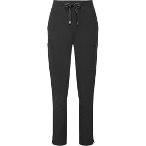 Black women's stretch cargo pants with a drawstring waist and side pockets. Features a logo on the fabric.
