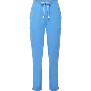 A pair of women's cargo pants in light blue with a drawstring waist and side pockets. Features a logo.