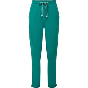 Teal women's cargo pants featuring a drawstring waist and side pockets, with a logo on the waistband.