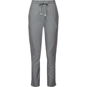 A pair of grey women's cargo pants with a drawstring waist and side pockets, featuring a logo.