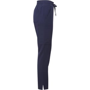 Navy women's cargo pants with a drawstring waist and side pockets, featuring a logo on the waistband.