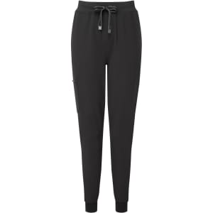 Black women's jogger pants featuring a drawstring waist and side pockets, with a logo on the fabric.