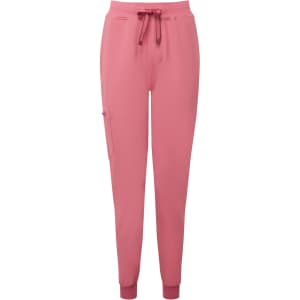 Pink women's jogger pants with a drawstring waist and elastic cuffs, featuring one side pocket and a logo.