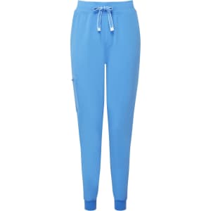 A pair of women's jogger pants in bright blue, featuring a drawstring waist and tapered ankles, with a logo.