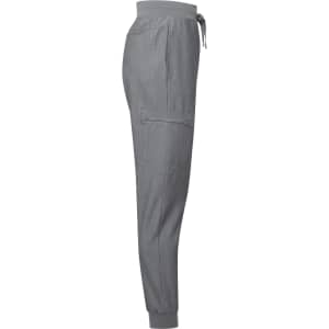 A pair of women's jogger pants in grey, featuring a waistband with drawstring and side pockets. Includes branding.