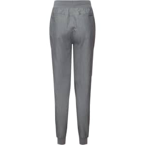 A pair of women's jogger pants in grey, featuring a tapered design and an elastic waistband.