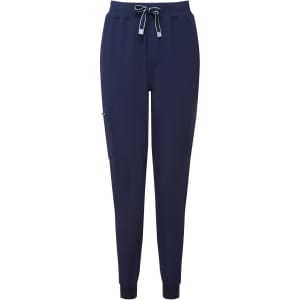 Navy women's jogger pants with a drawstring waist and cuffed ankles, featuring a side pocket and a logo.