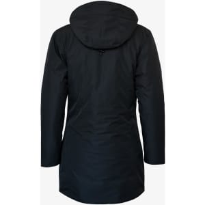 A black women's jacket with a hood, featuring a sleek design and minimalistic style, showing the back view.