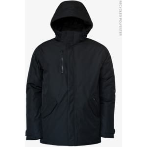 A black jacket with a hood, featuring zippered pockets and made from recycled polyester. Includes branding.