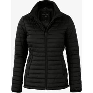 A black puffer jacket with a zip front and a high collar, featuring a logo on the interior.