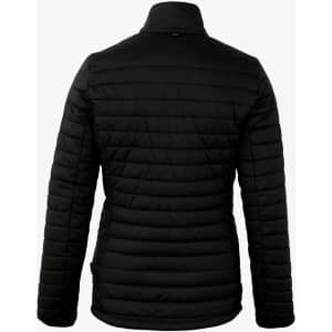 A black puffer jacket featuring a quilted design and a high collar, displayed from the back. It has a logo.