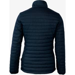 A women's puffer jacket in navy blue, featuring a quilted design and a high collar. The back view shows a fitted silhouette.