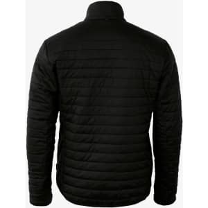 A black puffer jacket with a quilted texture and a high collar, featuring a logo on the back.