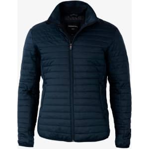 A navy puffer jacket with a zippered front and a high collar, featuring a logo on the chest.