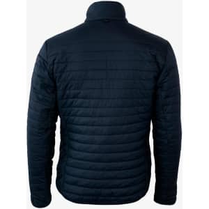 A navy puffer jacket with a quilted design, featuring a high collar and a logo on the back.