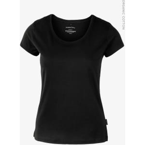 A black women's t-shirt with a scoop neckline and short sleeves, made from organic cotton. It features a brand label.