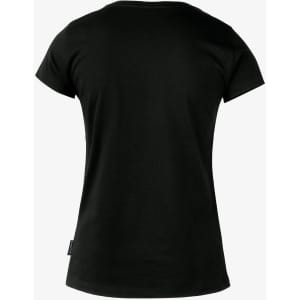 A black women's t-shirt with a fitted design and short sleeves, featuring a branding tag on the side.