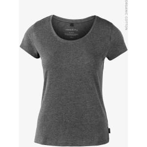 A grey women's T-shirt featuring a scoop neckline and short sleeves, made from organic cotton. Includes a branding label.