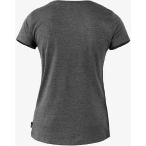 A grey women's t-shirt with a round neckline and short sleeves, featuring a logo on the side.