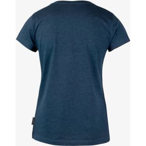 A women's T-shirt in navy blue with a rounded neckline and short sleeves, featuring a logo tag.