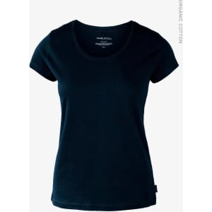 A navy women's t-shirt featuring a classic scoop neck and short sleeves, made from organic cotton.
