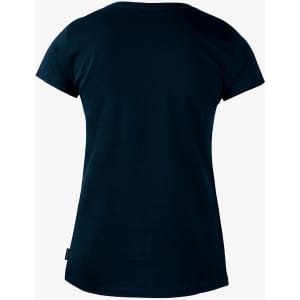 A dark blue women's T-shirt with short sleeves and a simple back design. Features a small logo at the hem.