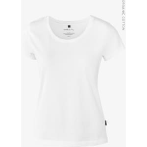 A white women's t-shirt made of organic cotton, featuring a scoop neckline and short sleeves. It includes a logo.