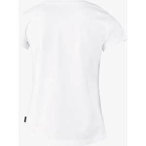 A white women's T-shirt featuring a simple design and a logo on the side.